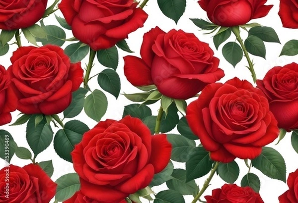 Fototapeta Three large, vibrant red roses with lush, velvety petals against a plain white background