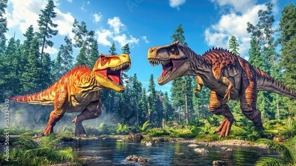Fototapeta Two dinosaurs roaring in a lush forest landscape, showcasing prehistoric life.