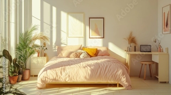 Fototapeta Sunlit bedroom with pink bedding, plants, and desk.