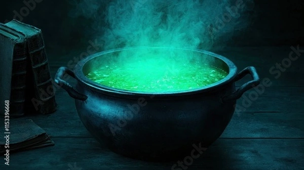 Fototapeta Bubbling cauldron potion brewing dark room fantasy scene mysterious environment close-up view enchantment concept
