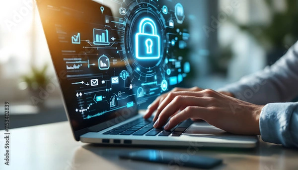Fototapeta Online Security and Data Protection on Laptop, Cybersecurity and Secure Communication, Laptop with Digital Security Icons Overlay