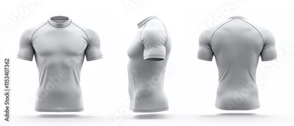 Fototapeta blank grey short sleeve rash guard mockup front, side and back view.	
