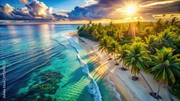 Fototapeta Drone photography captures stunning coastal views; aerial beachfront and ocean seascapes.