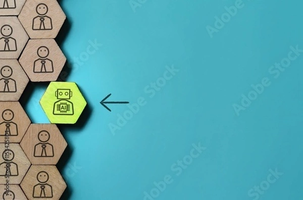 Obraz A conceptual image with a robot icon among human figures. Artificial intelligence and automation in the workplace concept.