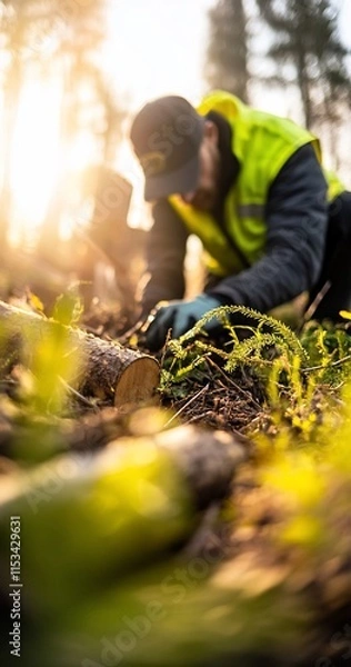 Obraz Person tending to plants in a sunlit forest environment.