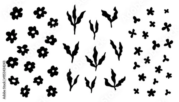 Fototapeta Vector set of flowers and leaves, naive style. Hand drawn cute elements, silhouettes, isolated on white background.
