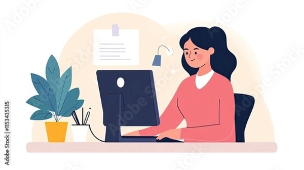 Fototapeta Happy woman working on computer at desk with plant.