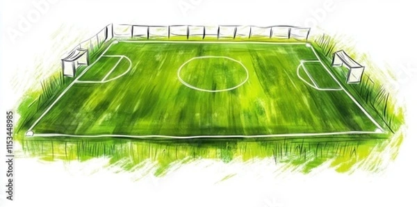 Obraz Une illustration dessinée à la main d'un terrain de football avec des buts et un centre circulaire.