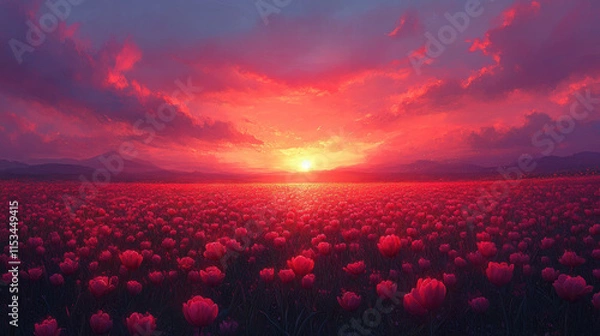Obraz vibrant sunset over field of tulips creates stunning view
