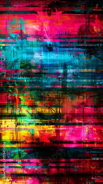 Fototapeta Dynamic glitch art featuring vibrant red, blue, yellow, and pink tones with geometric patterns, digital distortions, and layered textures.  
