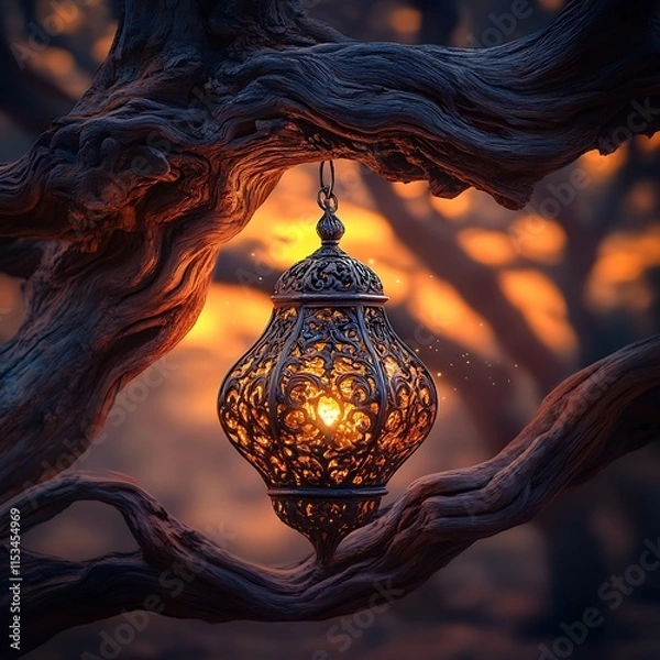 Fototapeta Intricate Lantern Hanging From Ancient Twisted Tree Branch