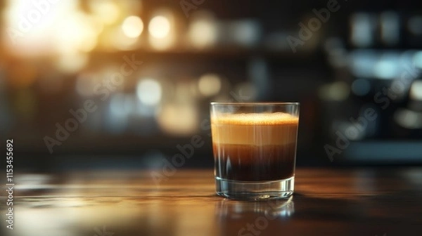 Fototapeta Espresso Drink on Bar Counter in Cafe Setting