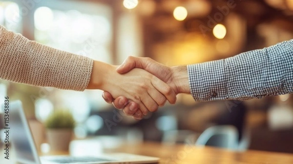 Fototapeta Two People Shake Hands In A Business Setting