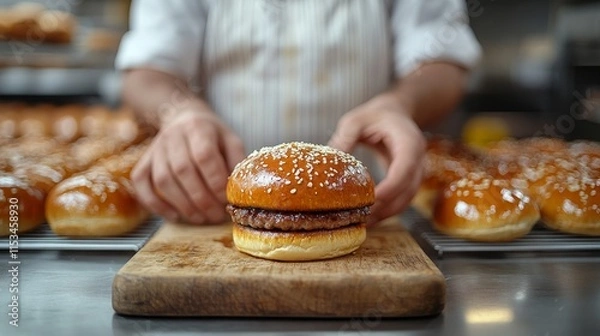 Fototapeta Chef in a kitchen prepares a freshly made burger with a sesame seed bun on a wooden cutting board