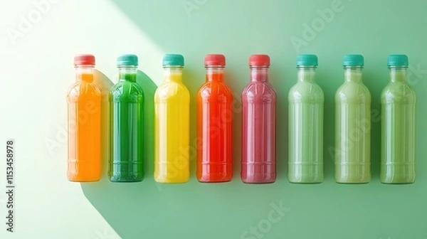 Fototapeta cluster of colorful smoothie bottles placed neatly on pastel green background under bright natural light