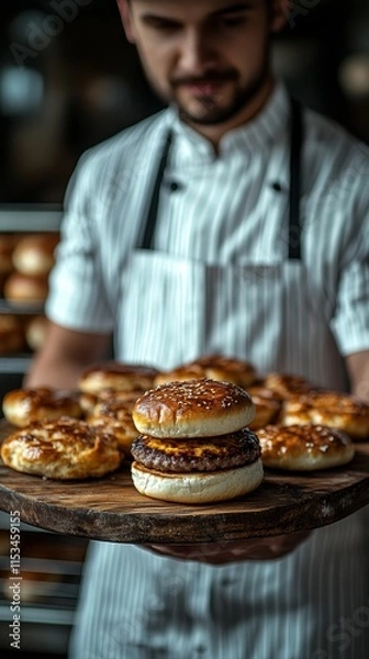 Fototapeta Person in an apron holds a wooden tray with fresh burgers and buns in a bakery setting