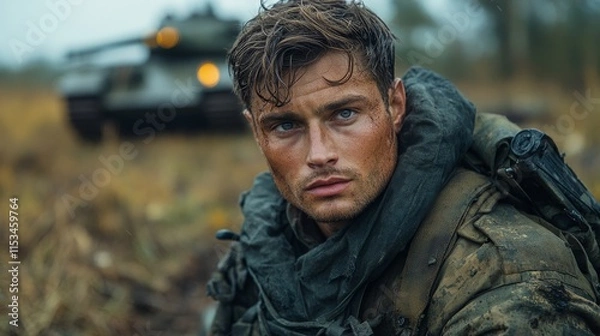 Fototapeta Soldier with a rugged face and serious expression sits in a muddy field, with a tank blurred in background