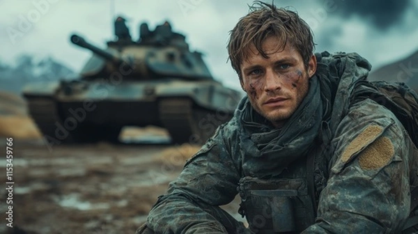 Fototapeta Soldier with a dirty, determined face sits on the ground, with a tank in the background on a battlefield