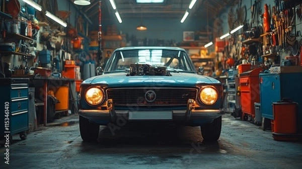 Obraz Vintage blue car inside a cluttered garage, surrounded by various tools, equipment, and shelves, with warm lighting overhead