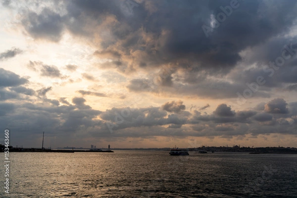 Fototapeta Istanbul Bosphorus Wide Angle, Dramatic Sky over Bosphorus, Expansive View of Istanbul Strait