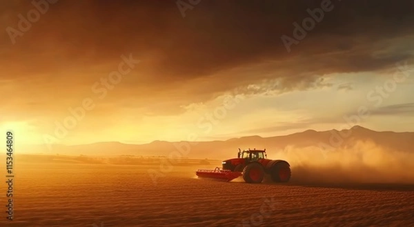 Fototapeta The idea of ​​using modern machinery in agriculture and simplifying farming methods in agriculture. A tractor drives through a field and dust rises in the golden light of dawn.