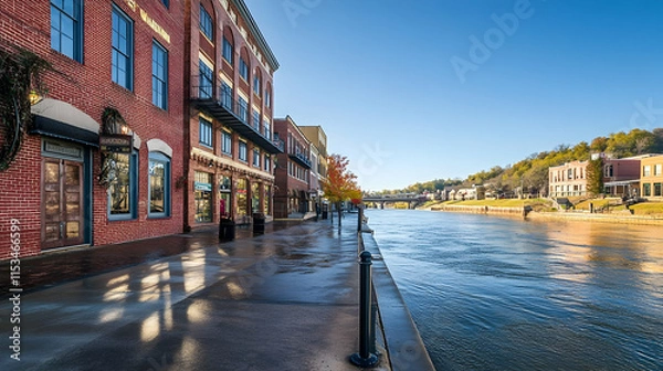 Obraz Vibrant riverfront street in Little Rock Arkansas with historic brick buildings and scenic water views
