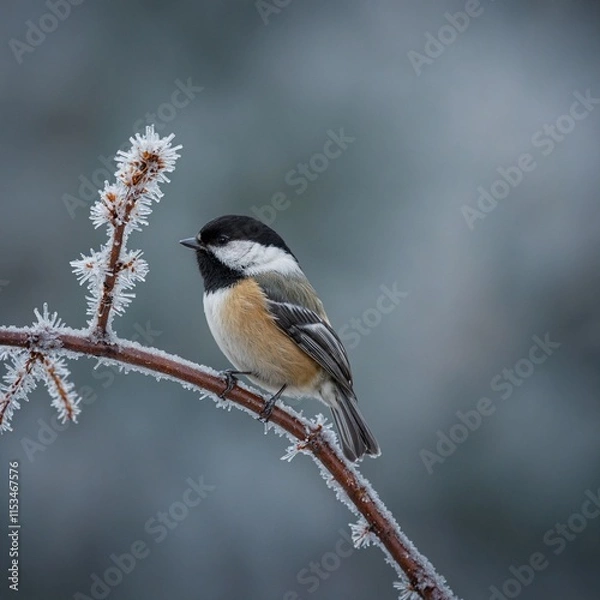 Fototapeta A black-capped chickadee perched on a frosty branch.