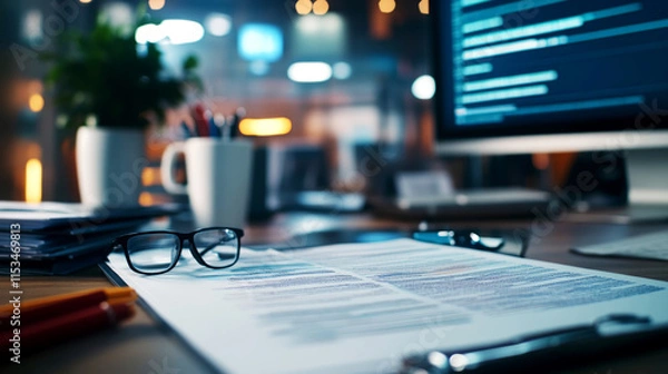 Obraz Aml approval check report process in a modern office environment with computer and documentation