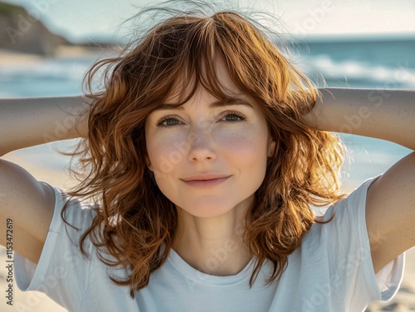 Obraz portrait of a middle-aged woman joyful and relaxed expression, sunset abckground.