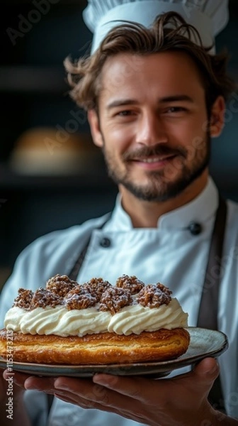 Obraz Chef in a white uniform is proudly presenting a pastry topped with cream and crunchy toppings, smiling warmly
