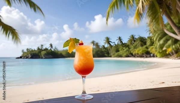 Fototapeta A cocktail on a tropical beach with palm trees in the background