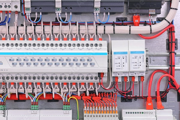 Obraz Automation modules controlled via a digital data bus. It is installed in an electric switchboard. Soft focus.
