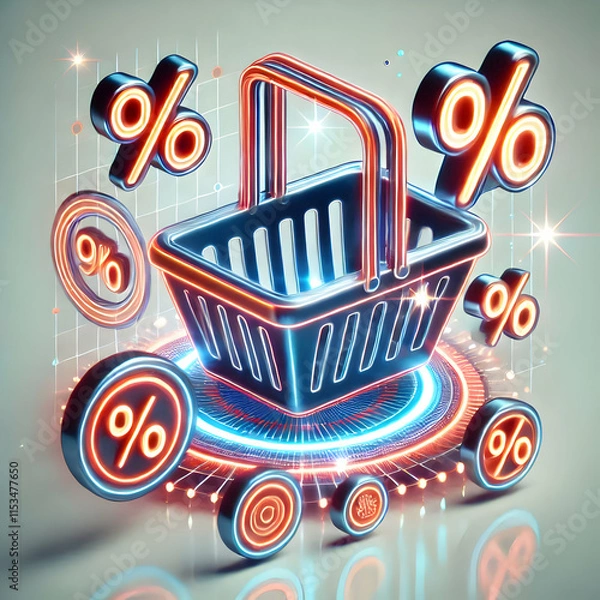 Fototapeta 3D Holographic shopping basket with glowing discount percentages and copy space concept as An artistic image of a glowing holographic shopping basket featuring discount percentages; set against a glos