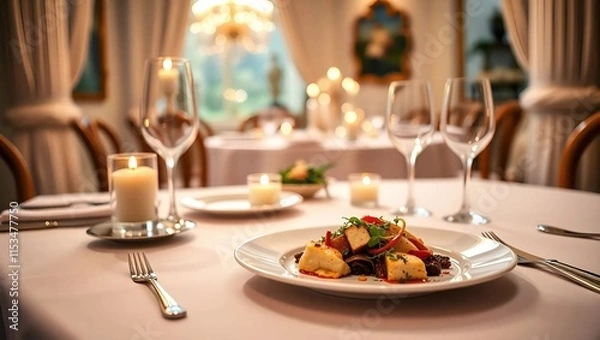 Fototapeta A luxurious fine dining setup, white tablecloths with a beautifully plated dish in the foreground with copy space