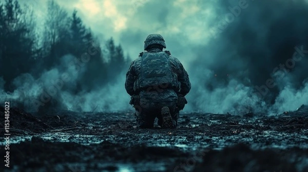 Obraz Soldier in camouflage gear kneels amidst a smoky, wooded battlefield under a cloudy sky, creating a tense atmosphere