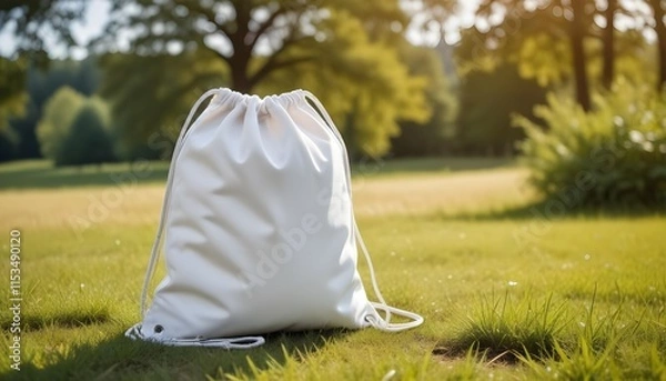 Fototapeta A white drawstring backpack or bag sitting on a grassy field with blurred trees in the background