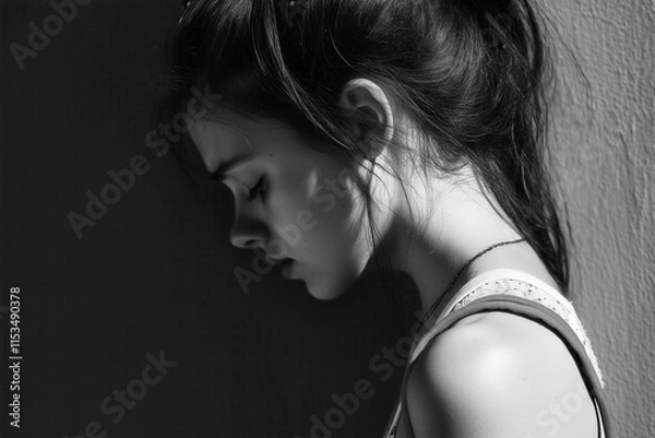Obraz The discomfort of female adolescence. Black and white image of a young teenager experiencing her own inner discomfort