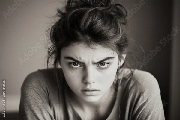 Obraz The discomfort of female adolescence. Black and white image of a young teenager experiencing her own inner discomfort