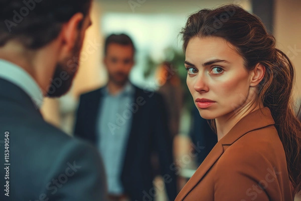 Obraz The discomfort of a woman in her workplace, surrounded by a strong presence of male colleagues