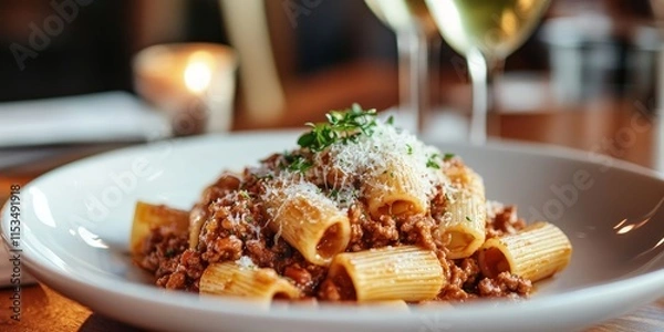 Fototapeta Bolognese pasta served on a plate captures the delicious essence of Bolognese pasta in a studio setting, showcasing the inviting presentation of this classic dish.