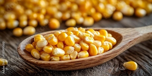 Fototapeta Wooden spoon filled with vibrant canned corn seeds, showcasing the rich texture and color of corn seeds ready for culinary creations and delicious dishes. Perfect for representing canned corn seeds.