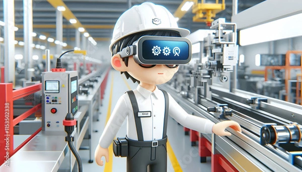 Fototapeta 3D Technician Augmented Reality Glasses Assembly Line Digital Transformation Efficiency Copy Space