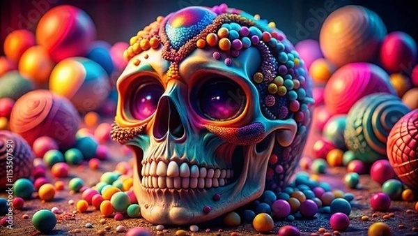 Fototapeta Macro Shot of a Whimsical Cartoon Skull with Vibrant Colors and Intricate Details