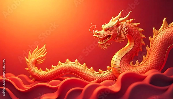 Fototapeta A colorful abstract background with flowing, snake dragon shapes in shades of orange, red, and gold, creating a dynamic and vibrant composition concept Chinese New Year 2025,created with generative ai