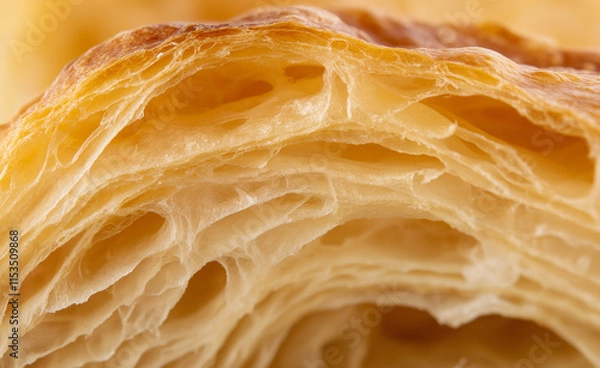 Obraz Extreme close-up of flaky pastry layers showcasing its golden, crisp, and delicate texture.