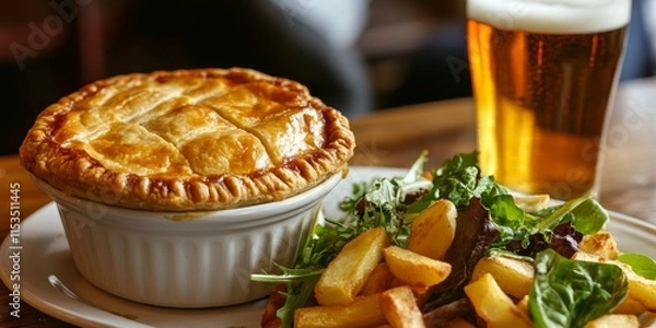 Fototapeta Pub inspired dish featuring a pie and chips served alongside a refreshing salad and a pint of beer, perfect for enjoying a hearty meal in a cozy pub atmosphere.