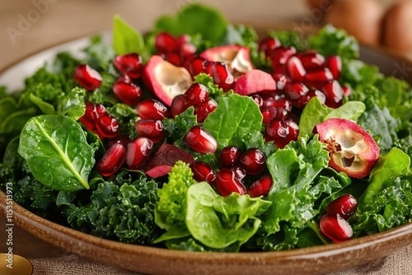 Fototapeta vibrant kale and spinach salad garnished with pomegranate seeds shot under diffused natural light
