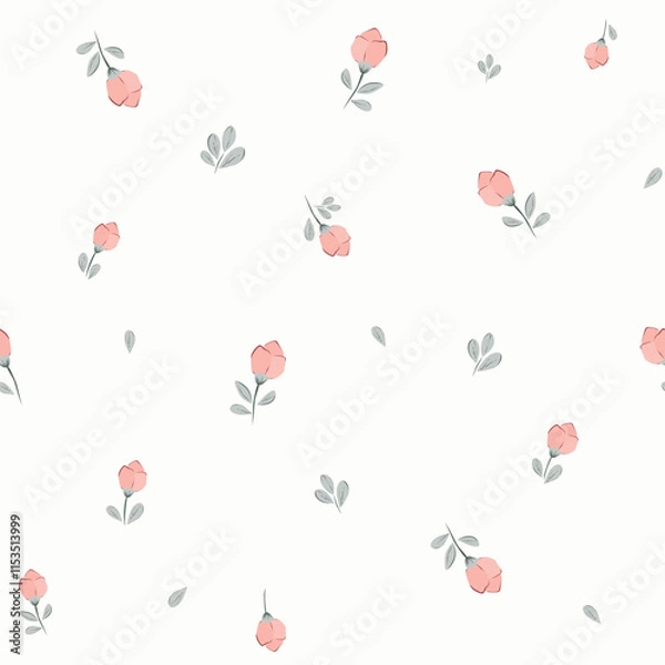 Fototapeta Vector illustration. Seamless Ditsy floral pattern of delicate small pink, red flowers on a light background. Liberty Floral pattern, field of flowers, print for fabric, textile, wallpaper