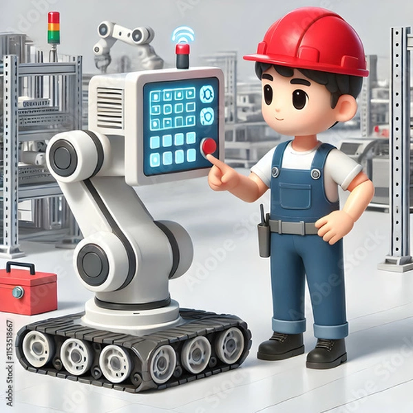 Obraz 3D Technician Programming Industrial Robot on Factory Floor with Copy Space for Automation and Digital Transformation