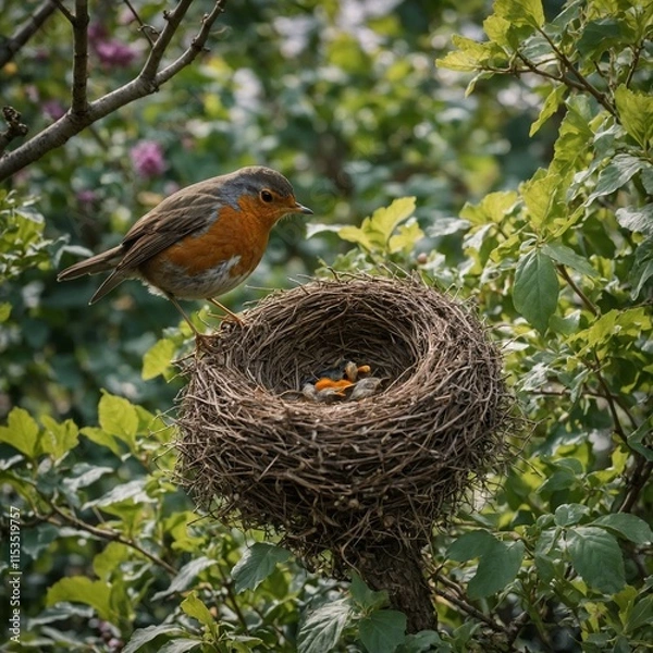 Fototapeta A robin building its nest in a quaint garden.